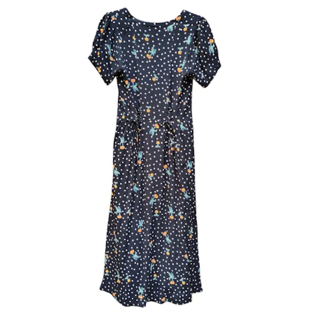 FREE PEOPLE | Polka Dot Cherry Print Midi Dress Lace-Up Corset Retro Mod 8 - Picture 3 of 15